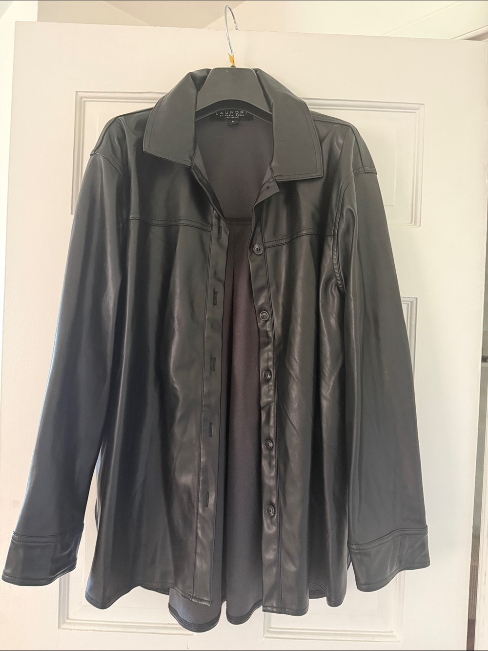 Black “Leather” Button-Front Shirt Jacket